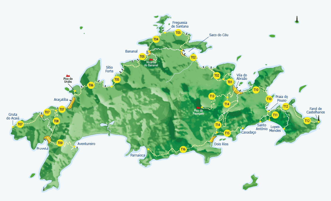 Mapa das trilhas da Ilha Grande.