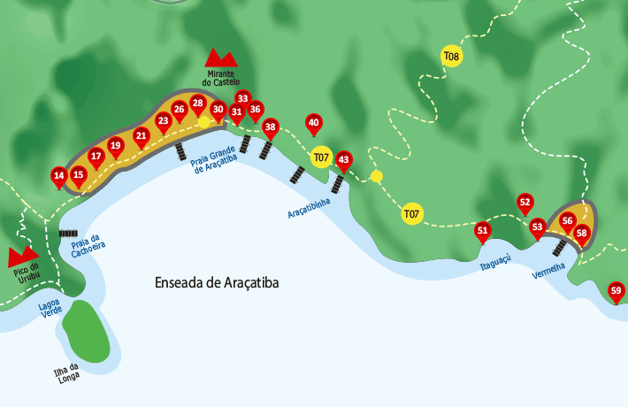 Enseada de Araçatiba com praia vermelha e Itaguaçú na Ilha Grande.