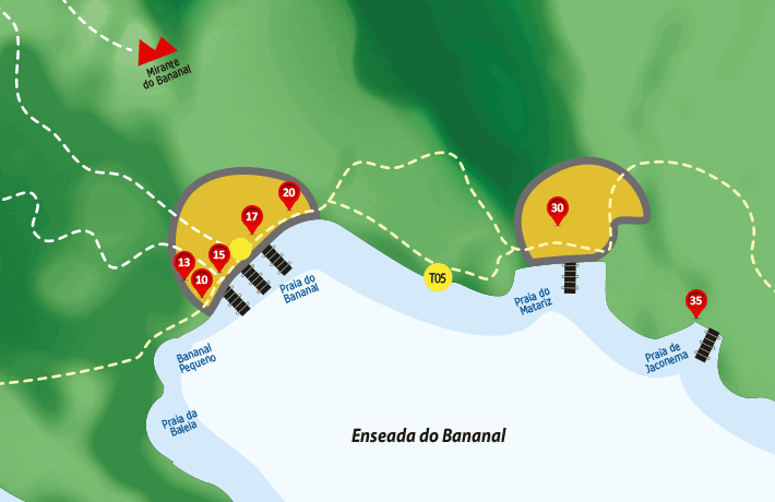 Mapa de hospedagens, acomodações, pousadas na enseada do Bananal - Ilha Grande - RJ.