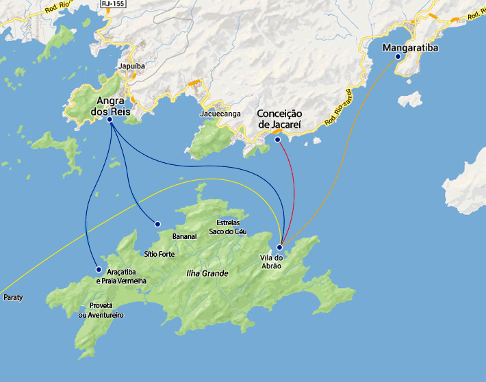 Mapa das rotas marítimas para Ilha Grande - RJ.
