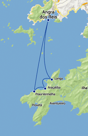 Mapa rotas maritimas entre Angra dos Reis, Araçatiba e praia Vermelha.