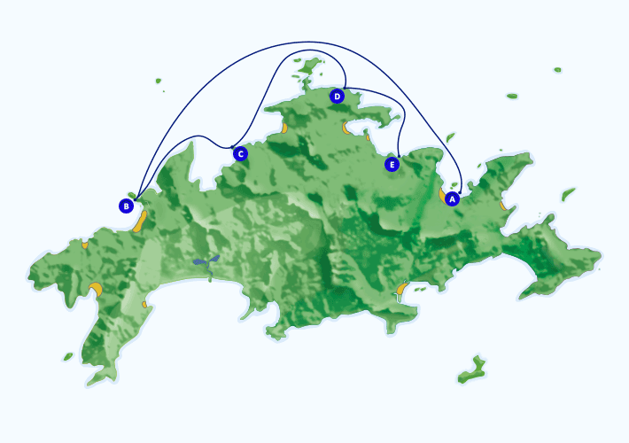 Mapa com roteiro de passeio marítimo para a Lagoa Verde partindo de Abraão.