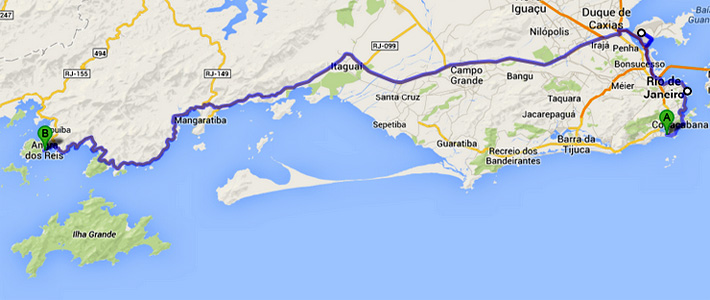 Mapa roteiro transfer de Van Rio - Mangaratiba - Conceição de Jacareí - Angra dos Reis.