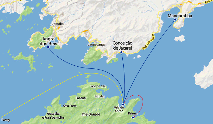 Mapa rotas maritimas para a Abraão e Palmas de Angra dos Reis, Mangaratiba e Conceição de Jacareí.